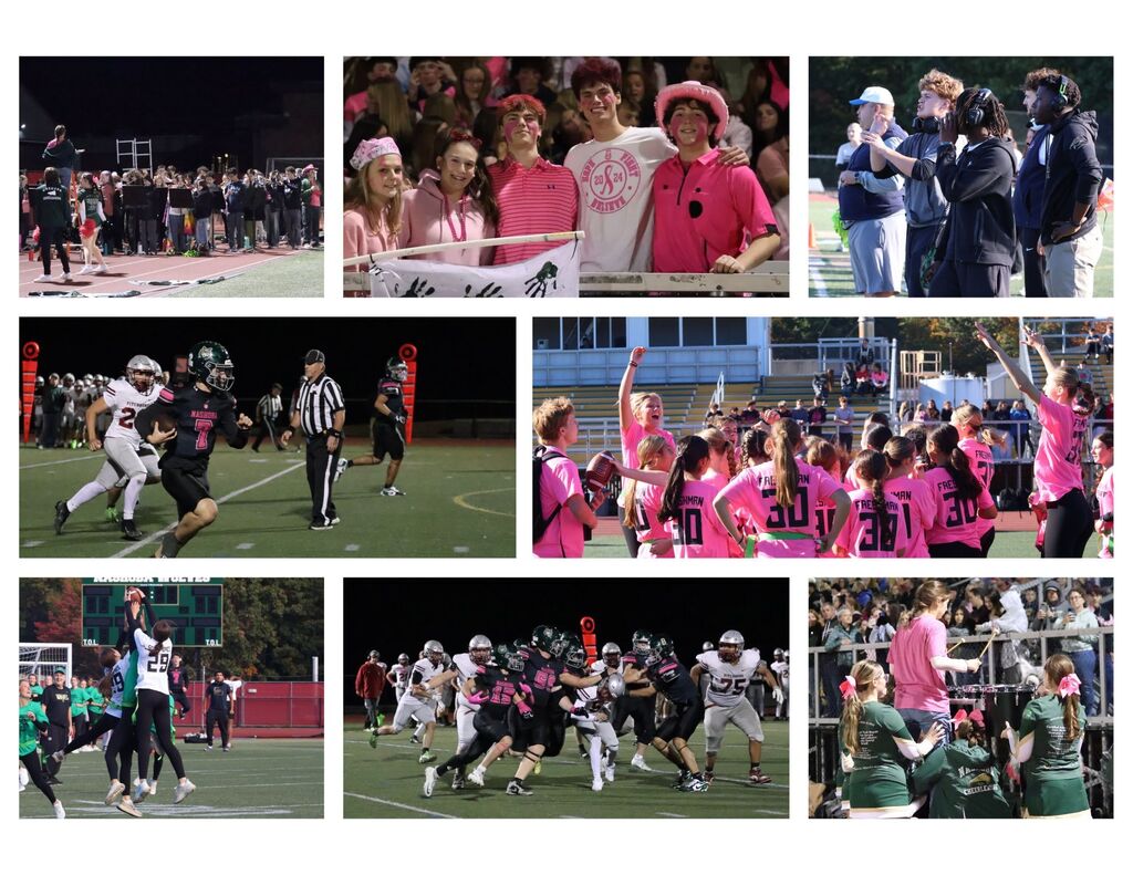 NRHS students playing and cheering for Power Puff and NRHS Football teams. The band plays on the sidelines.