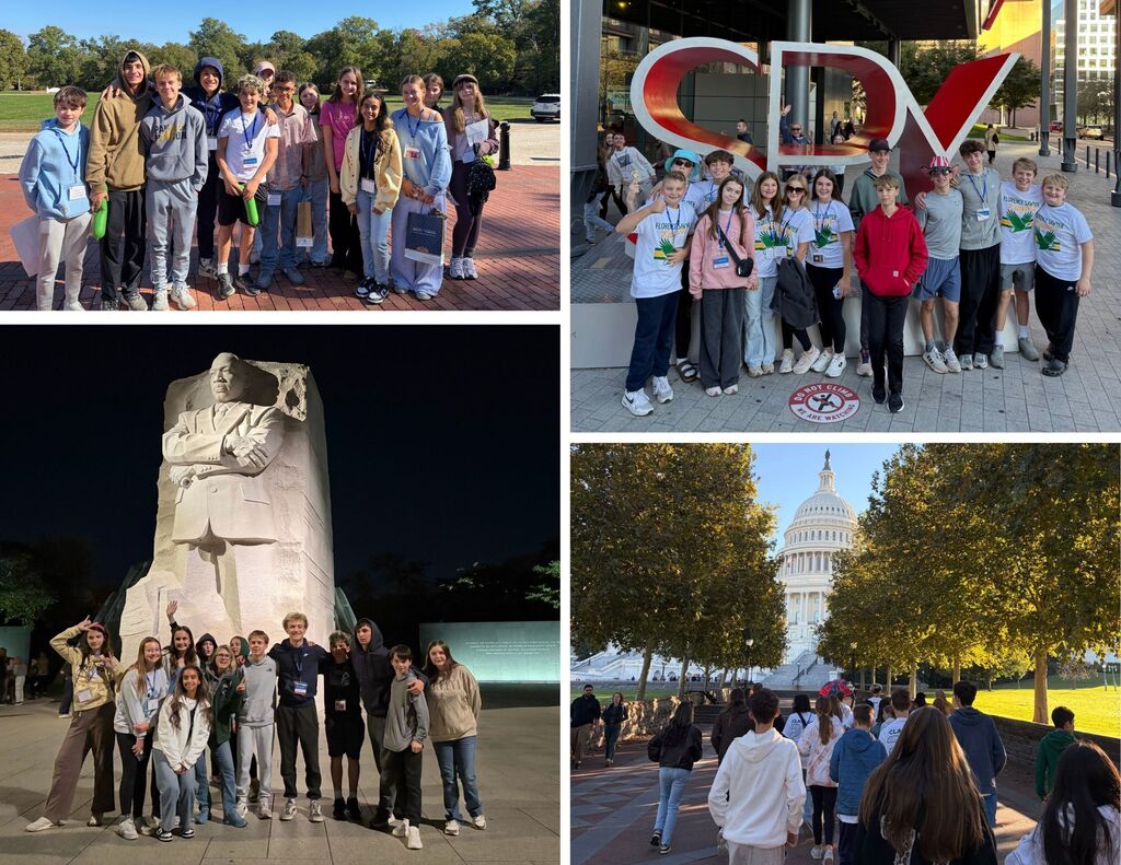 FSS 8th grade students pose together in front of different monuments in Washington, DC.