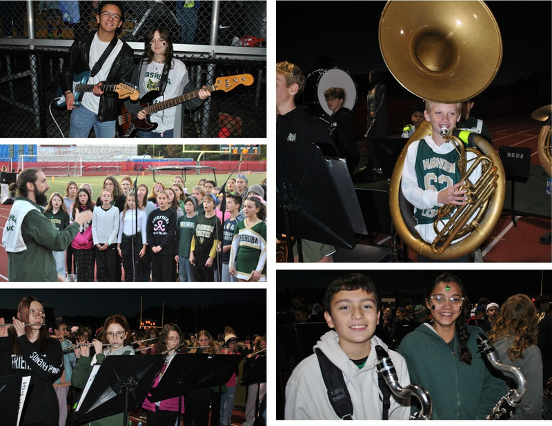 A collage of photos showing middle and high school students posing with instruments, playing instruments, and singing the National Anthem.