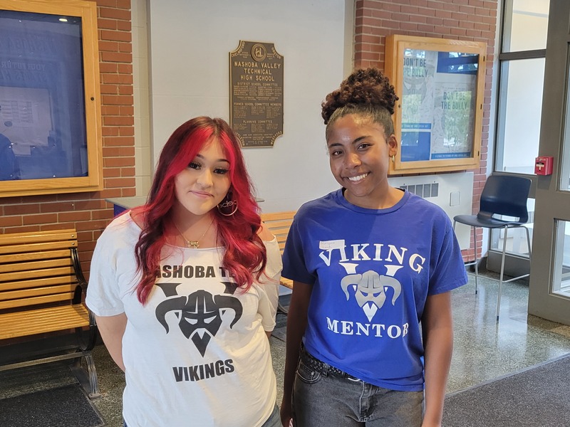 Celeste Estrada of Ayer, left, and Mariyana Lords of Westford are among the freshman mentors who welcomed incoming ninth-graders during a day of orientation September 1 at Nashoba Valley Technical High School. 