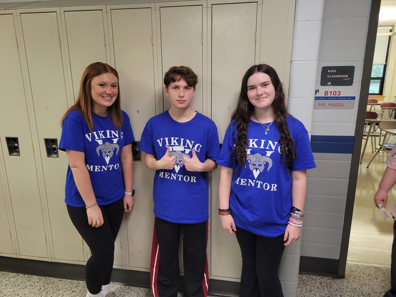 From left, Sophia Strand of Townsend, Joshua Taynor of Pepperell and Adelaide Galvin of Townsend are among the freshman mentors who welcomed incoming ninth-graders during a day of orientation September 1 at Nashoba Valley Technical High School.