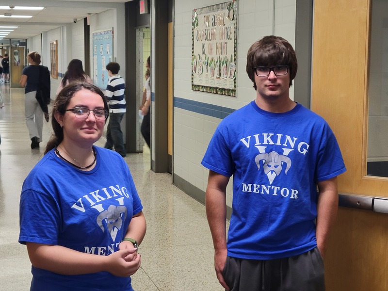 Belladonna Quinn of Ayer, left, and Grady Parsons of Pepperell are among the freshman mentors who welcomed incoming ninth-graders during a day of orientation September 1 at Nashoba Valley Technical High School.
