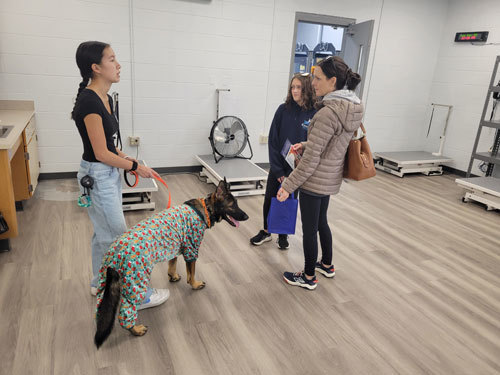 Chef-instructor Carley Capraro talks about the Culinary Arts program with the Lavery family of Townsend – Mallory and Steven and daughters Daphne, a seventh-grader, and Gwen, a fifth-grader, during the annual Open House at Nashoba Valley Technical High School on November 2.