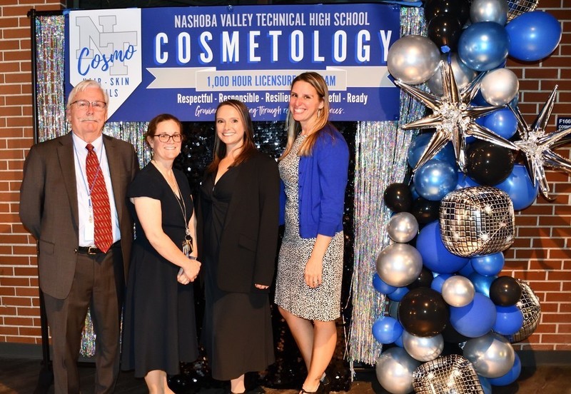 From left at the reopening of the newly remodeled Cosmetology area are Charlie Ellis of Littleton, chair of the Nashoba Tech School Committee; Superintendent Denise Pigeon; and Cosmetology instructors Alicia Spinney and Sayda Betsold.