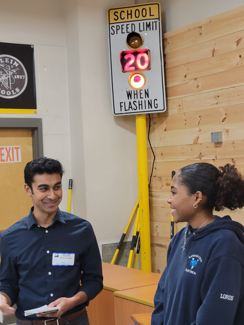 Wall Street Journal reporter Roshan Fernandez interviews Nashoba Tech student Mariyana Lords (junior, Westford) about the benefits of a technical education for an article on the growing popularity of technical schools in Massachusetts. 