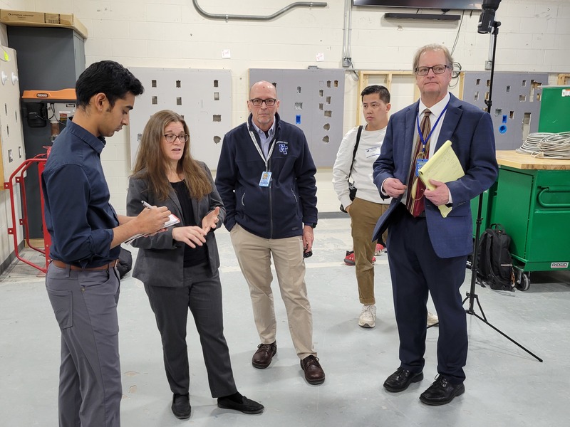 During a recent visit to Nashoba Tech, Wall Street Journal Roshan Fernandez, left, chats with, from left, Superintendent Dr. Denise Pigeon, Technical Director Jeffrey Scheminger, photojournalist Tony Luong and Steven Sharek, executive director of the Massachusetts Association of Vocational Administrators. 