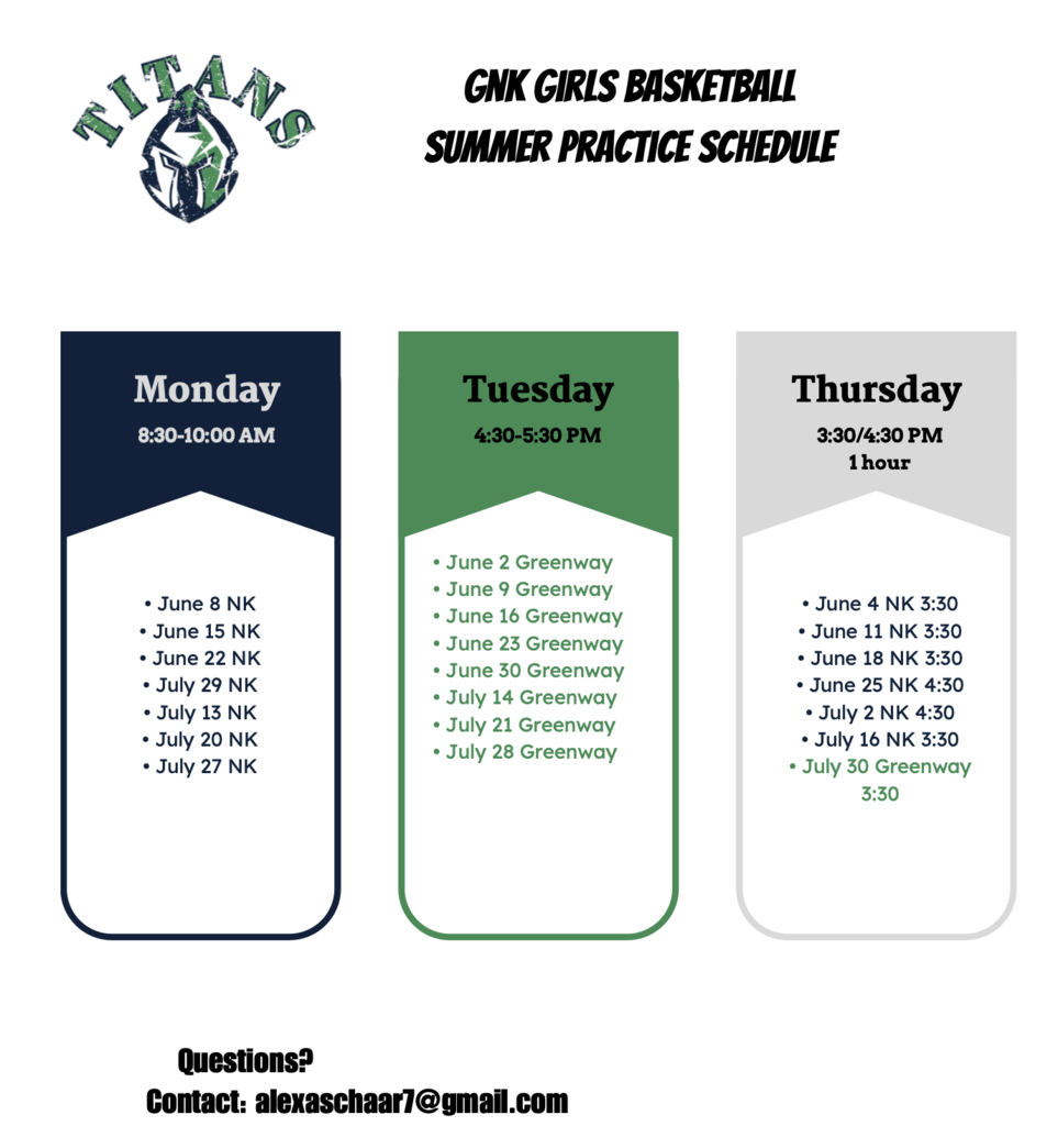 Updated GNK Summer Practice Schedule