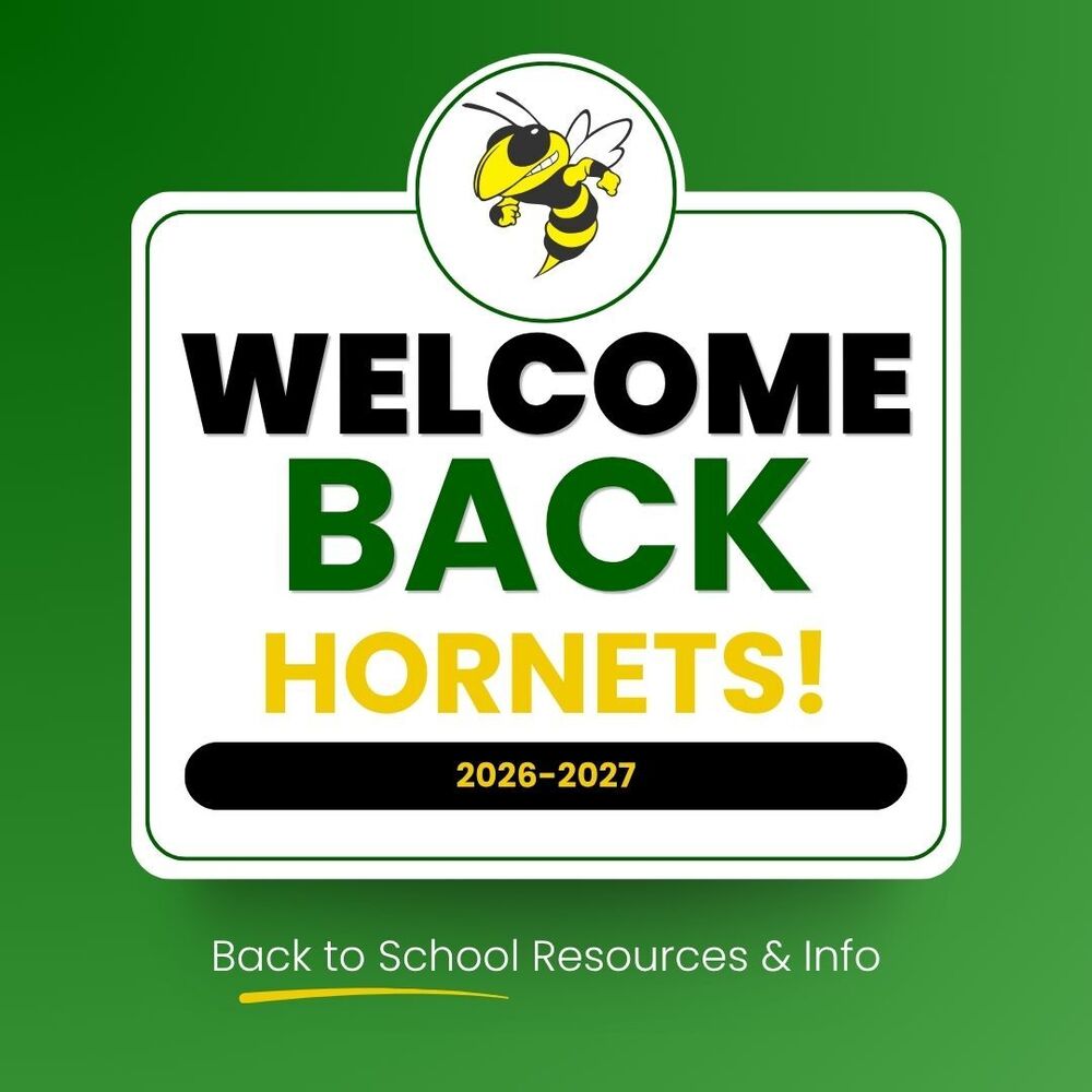 School-themed back-to-school graphic with a green background and a hornet mascot logo at the top. Large text reads “WELCOME BACK HORNETS!” with “2026–2027” displayed below in a black banner. Additional text at the bottom reads “Back to School Resources & Info.” The design features the school colors of green, gold, black, and white.