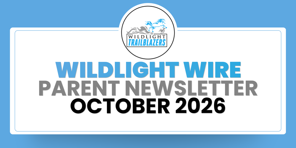 Wildlight Elementary “Wildlight Wire” parent newsletter cover for October 2026. The design features the Wildlight Trailblazers logo with running horses at the top, large blue and gray “WILDLIGHT WIRE PARENT NEWSLETTER” text in the center, and “OCTOBER 2026” in black below. The page has a white background with a light blue border and blue outer background.