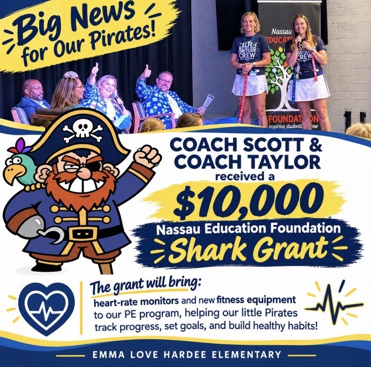 info graphic including a picture of Coach Scott and Coach Taylor presenting. Shark judges are bind them and 2 judges have their thumbs up in approval.  graphic has pirate decor  