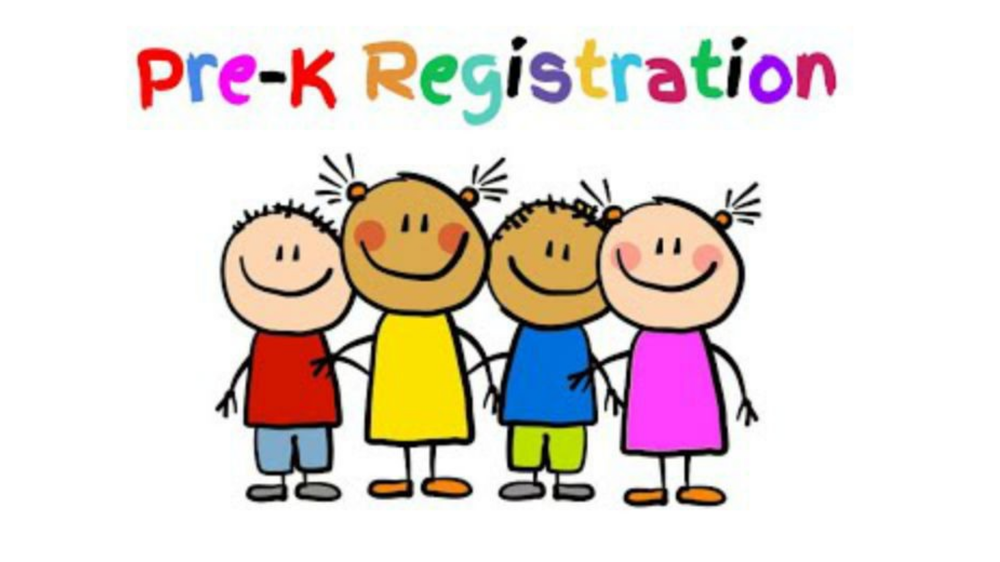 image of Pre-K registration with 4 children standing under it. 