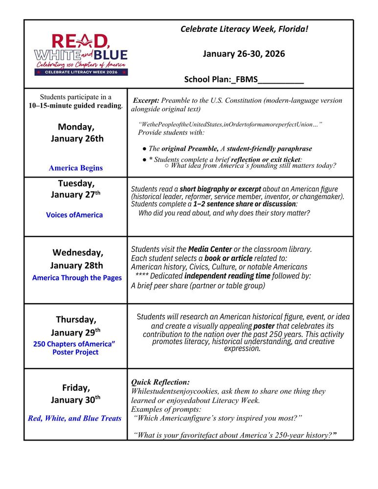 Flyer for “Celebrate Literacy Week, Florida!” at FBMS, scheduled January 26–30, 2026. Theme: “READ, WHITE and BLUE: Celebrating 250 Chapters of America.” Each weekday features a literacy activity: Monday—students read the Preamble to the U.S. Constitution and reflect on its relevance; Tuesday—read biographies of American changemakers and discuss their impact; Wednesday—select and read books on American history or culture, followed by peer sharing; Thursday—create posters celebrating historical figures or ideas; Friday—enjoy red, white, and blue treats while sharing favorite facts or stories from the week.