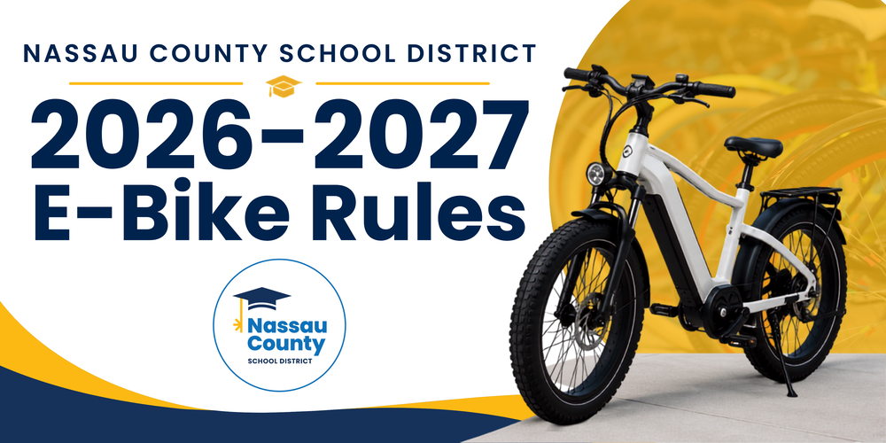 Banner graphic for Nassau County School District titled "2026-2027 E-Bike Rules." The design features a large white electric bicycle on the right with the district's navy and gold branding on a white background.