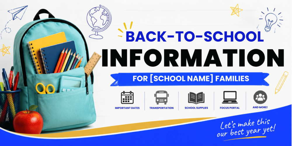 Back-to-school graphic featuring a backpack filled with school supplies beside the headline "Back-to-School Information for Southside Elementary Families." Icons representing important dates, transportation, school supplies, the FOCUS Portal, and other resources highlight that families can find essential back-to-school information in one convenient location. Decorative school-themed illustrations appear throughout the design in Nassau County School District brand colors.