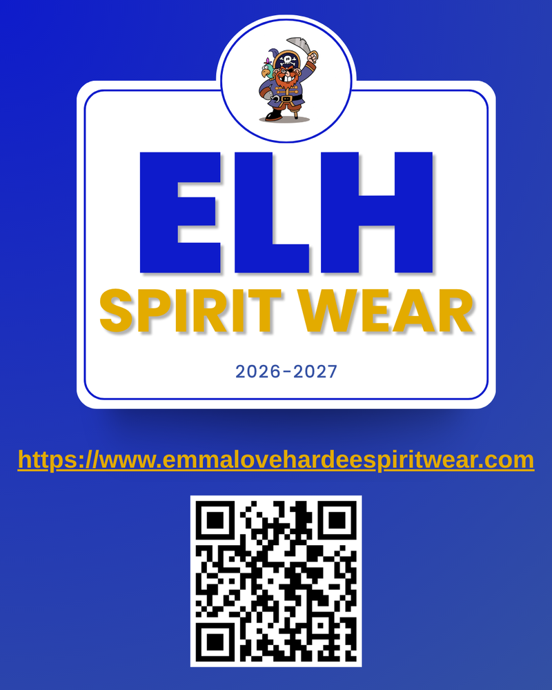 Blue and Gold image advertising Emma Love's Spirit wear.  Graphic inlcudes the Spirit Store website as well as a QR code linked to the Sprit Store.