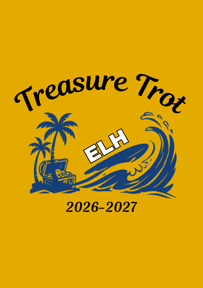 Colorful pirate-themed graphic for Emma Love Hardee Elementary School’s 2026–2027 Treasure Trot. The design features the words ‘2026–2027 Treasure Trot’ prominently, with pirate and treasure-themed imagery and the school’s navy and gold branding.