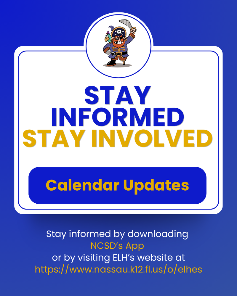 Blue and gold image encouraging families to stay informed and involved with ELH.  the graphic also provides the link to ELH's website and encourages them to download the app