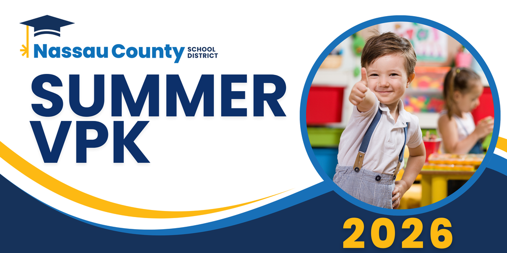 Graphic for Nassau County School District Summer VPK 2026 featuring the district logo and large “Summer VPK” text. A young child in a classroom gives a thumbs-up while another child plays in the background.