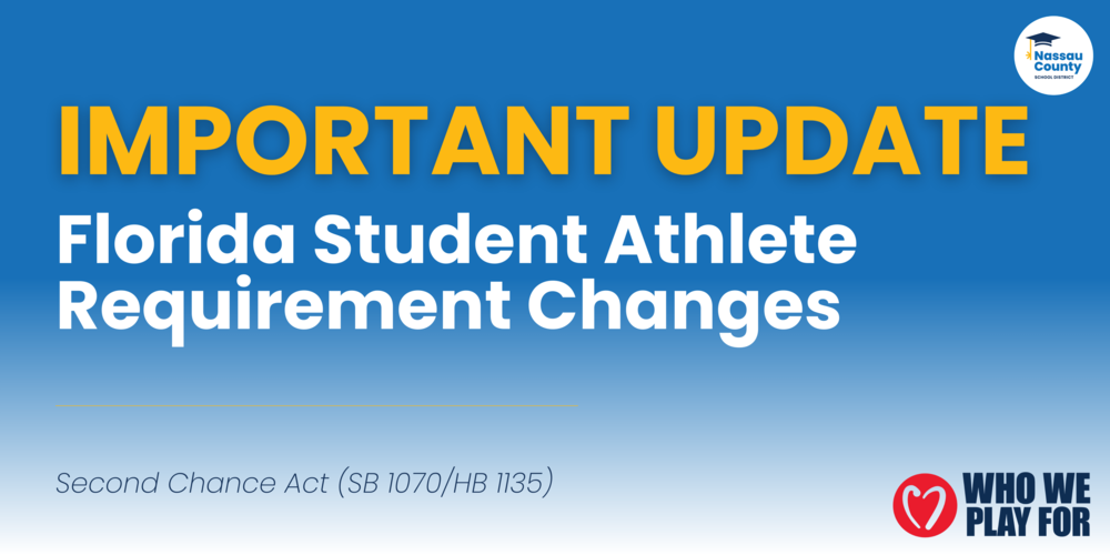 Graphic with a blue gradient background announcing “Important Update: Florida Student Athlete Requirement Changes.” The Nassau County School District logo appears in the top right, and the Who We Play For logo appears in the bottom right. The text references the Second Chance Act (SB 1070/HB 1135).