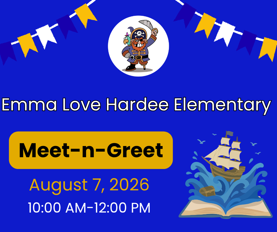 Blue and gold infographic for ELH stating Meet-n-Greet will be August 7th from 10:00-12:00