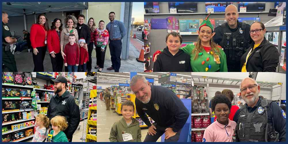 Collage of six photos showing a Shop with a Cop community event, with law enforcement officers interacting with children and families at a retail store and outdoor location. Images include officers posing with students, families shopping together, and children smiling alongside officers, highlighting positive community engagement during the holiday season.
