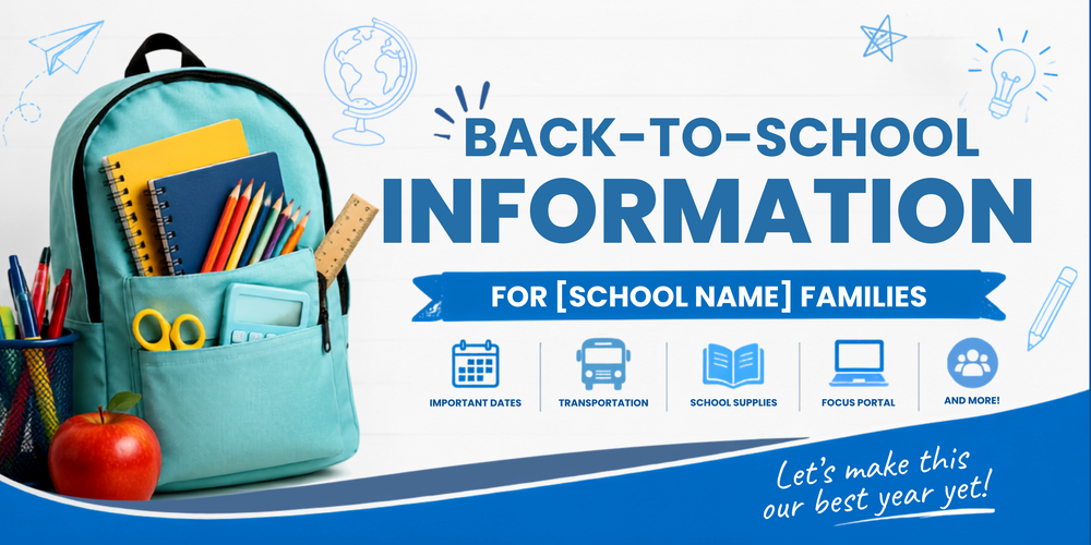 Back-to-school graphic featuring a backpack filled with school supplies beside the headline "Back-to-School Information for BES Families." Icons representing important dates, transportation, school supplies, the FOCUS Portal, and other resources highlight that families can find essential back-to-school information in one convenient location. Decorative school-themed illustrations appear throughout the design in Nassau County School District brand colors.