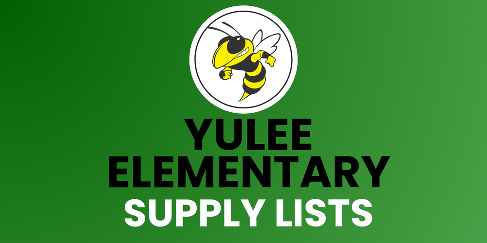A green graphic featuring a cartoon yellowjacket bee mascot inside a white circle at the top. Below the mascot, the text reads "YULEE ELEMENTARY" in bold black capital letters, followed by "SUPPLY LISTS" in bold white capital letters.