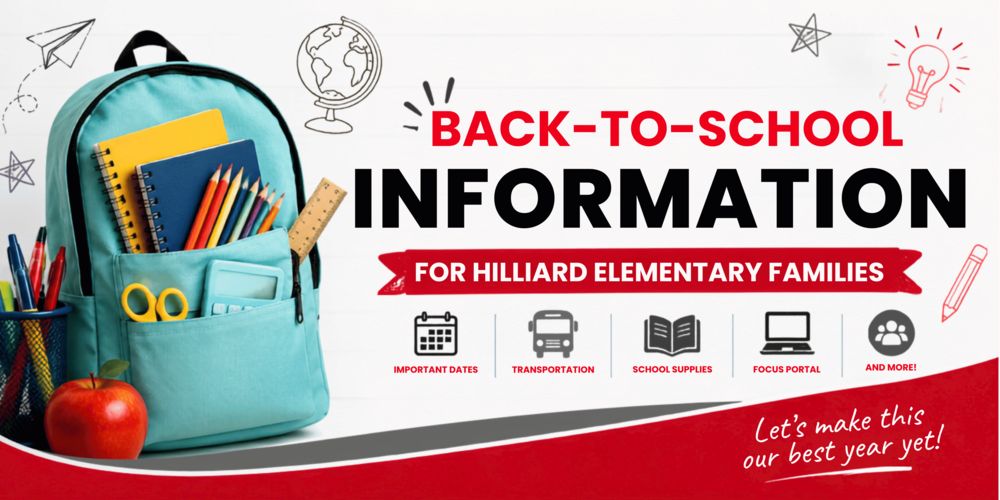 Back-to-school graphic featuring a backpack filled with school supplies beside the headline "Back-to-School Information for [School Name] Families." Icons representing important dates, transportation, school supplies, the FOCUS Portal, and other resources highlight that families can find essential back-to-school information in one convenient location. Decorative school-themed illustrations appear throughout the design in Nassau County School District brand colors.