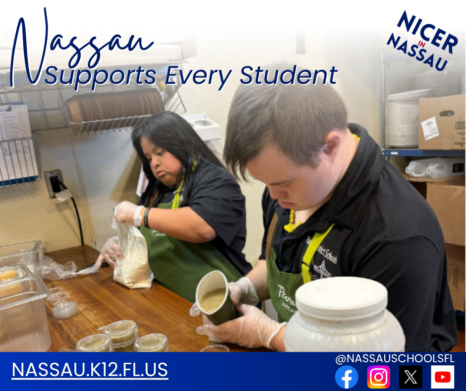 Two high school students wear gloves and aprons while measuring ingredients and preparing items in a school kitchen as part of a job skills program.