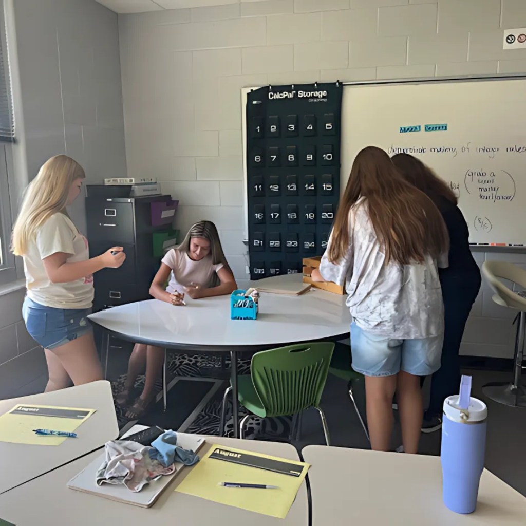 Four middle or high school students working collaboratively in a classroom. Two are standing near a table, one is writing, and a phone storage organizer hangs in the background. Materials labeled "August" are visible on the desks.