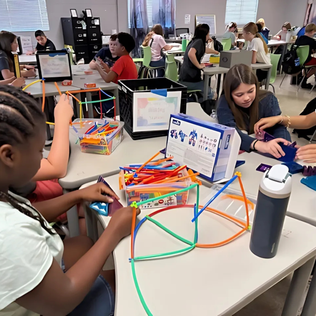 A classroom full of elementary students engaged in STEM-focused centers, including building structures with colorful straws and connectors.