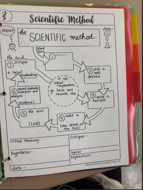 A close-up of a student’s binder page showing a diagram of the Scientific Method. The flowchart includes steps such as asking a question, writing a testable hypothesis, conducting a lab, and recording evidence.