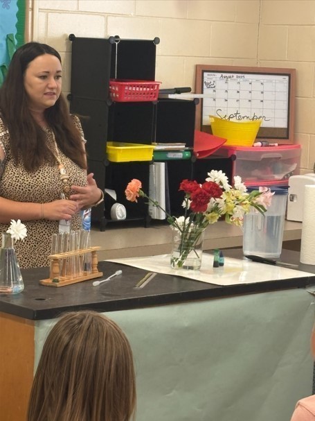 A teacher standing at the front of a science classroom beside a demonstration table with flowers in vases, test tubes, and water. Students are seated and watching the presentation.