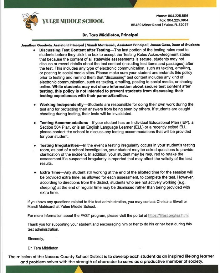 Flyer regarding testing next week continued.