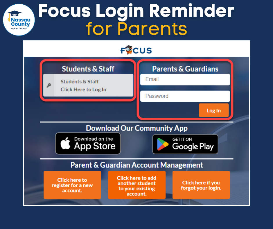 Graphic with a blue background and the Nassau County School District logo in the corner. Title reads “Focus Login Reminder for Parents.” The Focus login page is shown with two red boxes: one on the left for “Students & Staff” login and one on the right for “Parents & Guardians” login. Below are buttons for downloading the community app on the App Store and Google Play. At the bottom are three orange buttons for Parent & Guardian Account Management: register for a new account, add another student to an existing account, and recover a forgotten login.
