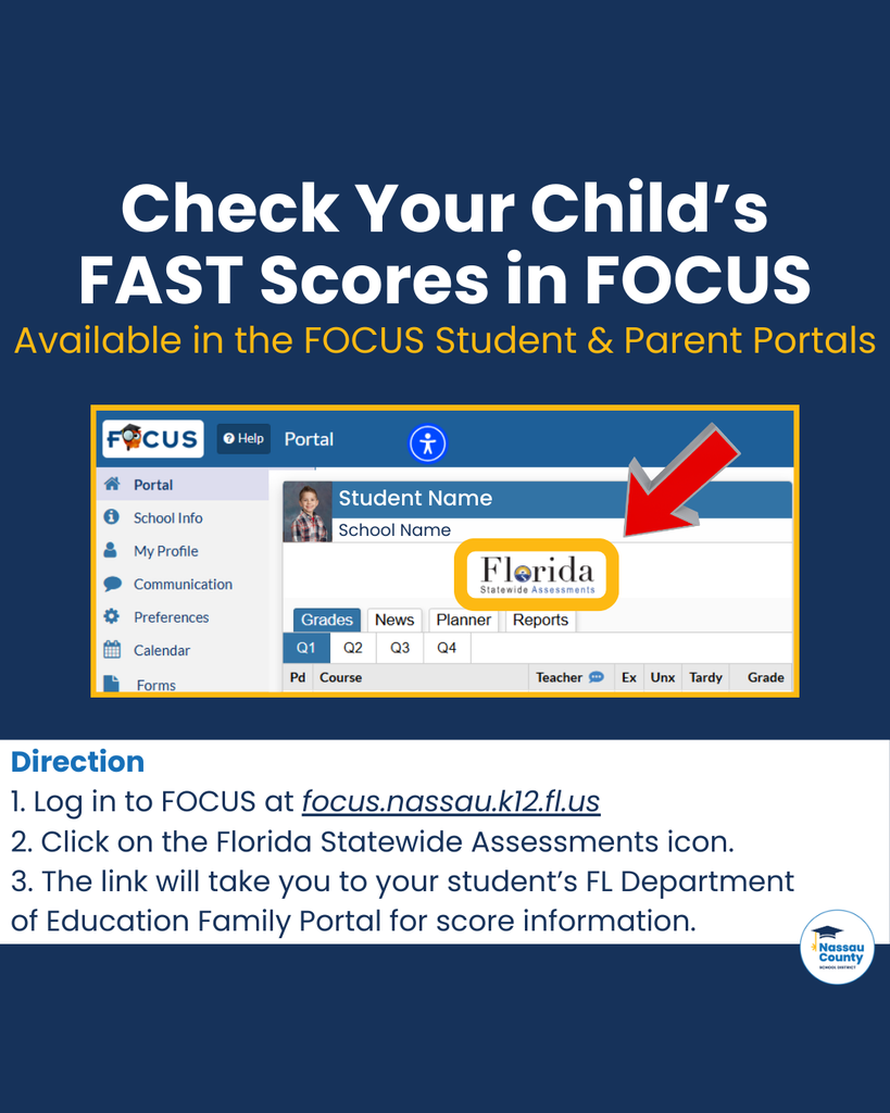 Graphic with blue background titled “Check Your Child’s FAST Scores in FOCUS – Available in the FOCUS Student & Parent Portals.” The center shows a screenshot of the FOCUS portal with a red arrow pointing to the “Florida Statewide Assessments” icon. Text at the bottom gives directions: 1. Log in to FOCUS at focus.nassau.k12.fl.us. 2. Click on the Florida Statewide Assessments icon. 3. The link will take you to your student’s FL Department of Education Family Portal for score information. Nassau County School District logo is in the bottom right corner.