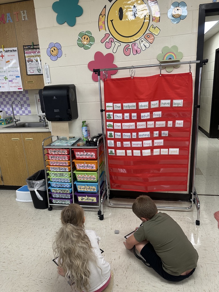 Two students sit on the floor in front of a red pocket chart displaying frog-themed sentences. The chart has movable word cards, and the students are reading and writing while looking at the chart.