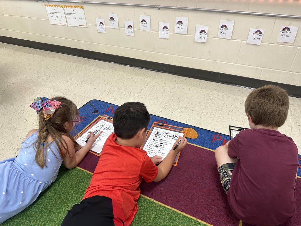 Three students lie on the classroom carpet writing on worksheets placed in plastic sleeves. Word cards are taped to the wall in front of them for reference.