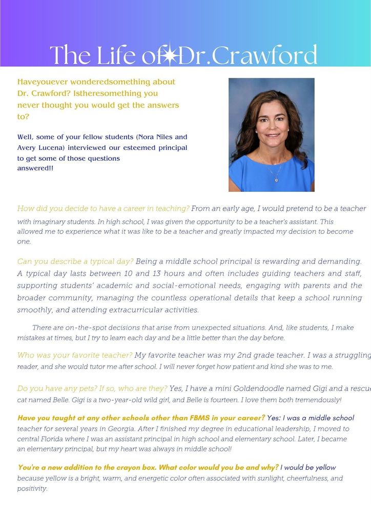 One pager about our principal, Dr. Anna Crawford.