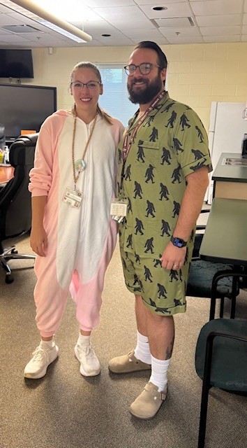 Principal and AP rocking their Pjs