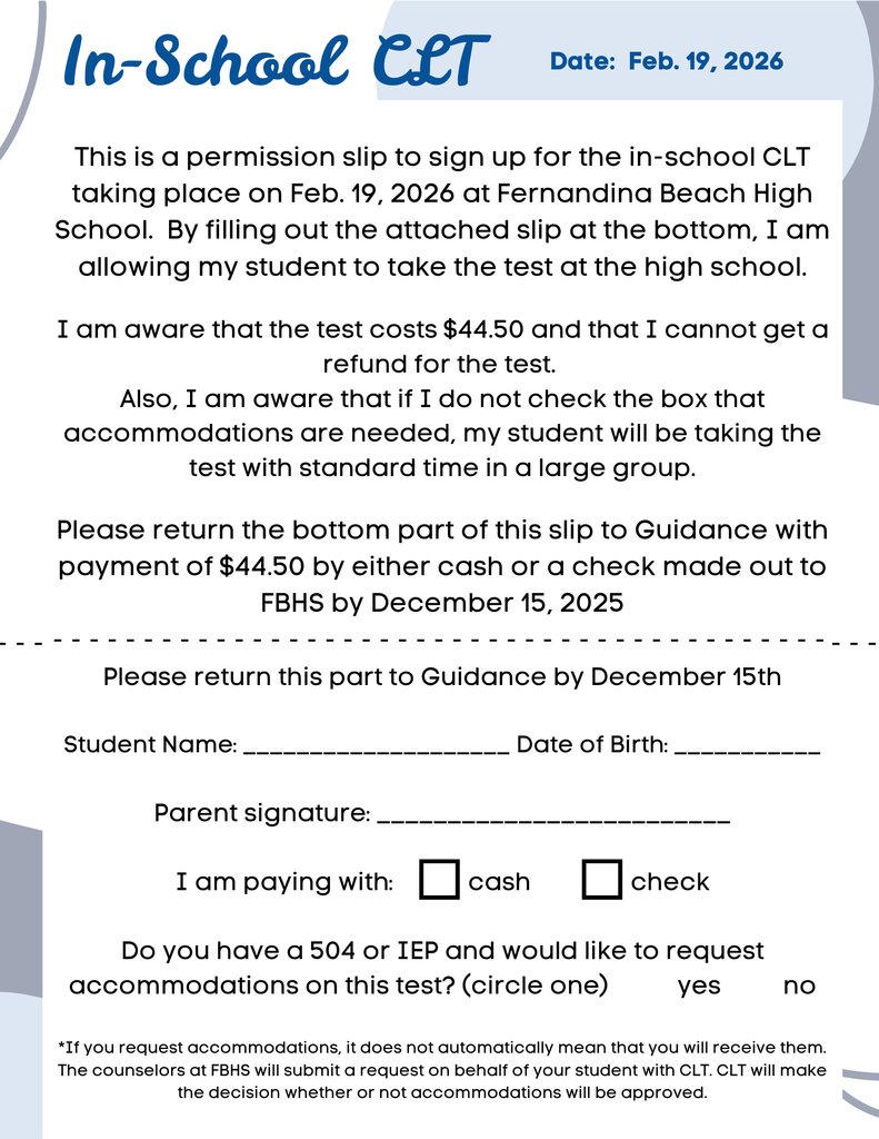 Permission slip for CLT on February 19, 2026 at FBHS