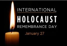 Image with a black background and a picture of a single lit candle with text indicating International Holocaust Remembrance Day will be celebrated on January 27.