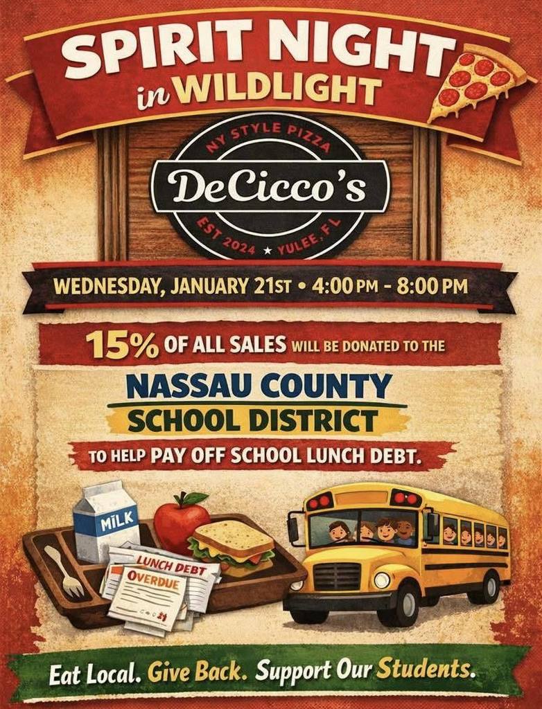 Spirit Night in Wildlight Poster with a school lunch and school bus. Eat Local. Give Back. Support Our Students. 15% of all sales will be donated to help pay off school lunch debt for nassau county students. 