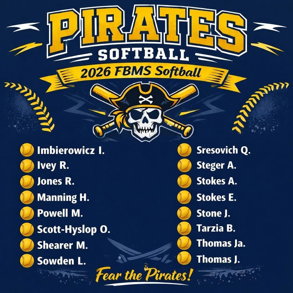 “Team graphic for 2026 FBMS Pirates Softball. The top text reads ‘Pirates Softball.’ A pirate skull with crossed softball bats appears in the center. Below are two columns listing player names. Left column: Imbierowicz I., Ivey R., Jones R., Manning H., Powell M., Scott-Hyslop O., Shearer M., Sowden L. Right column: Sresovich Q., Steger A., Stokes A., Stokes E., Stone J., Tarzia B., Thomas Ja., Thomas J. Bottom text reads ‘Fear the Pirates!’ Decorative softball stitching appears on both sides.”