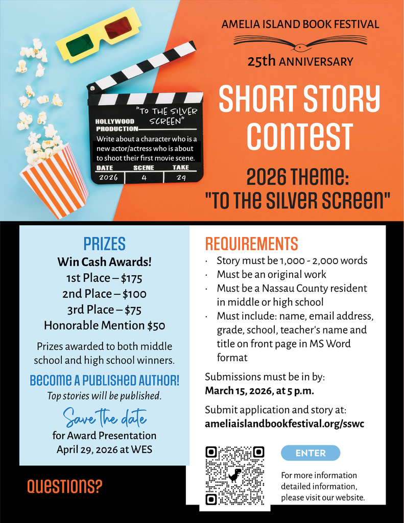 Flyer for Amelia Island Book Festival’s 2026 short story contest themed “To the Silver Screen,” with movie-themed graphics and contest details.