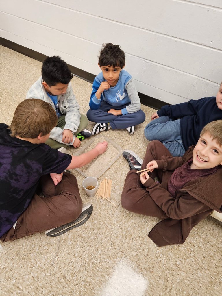 Four second grade students sit on the floor around a shallow container of sand and wooden sticks, working together to build a small dam.