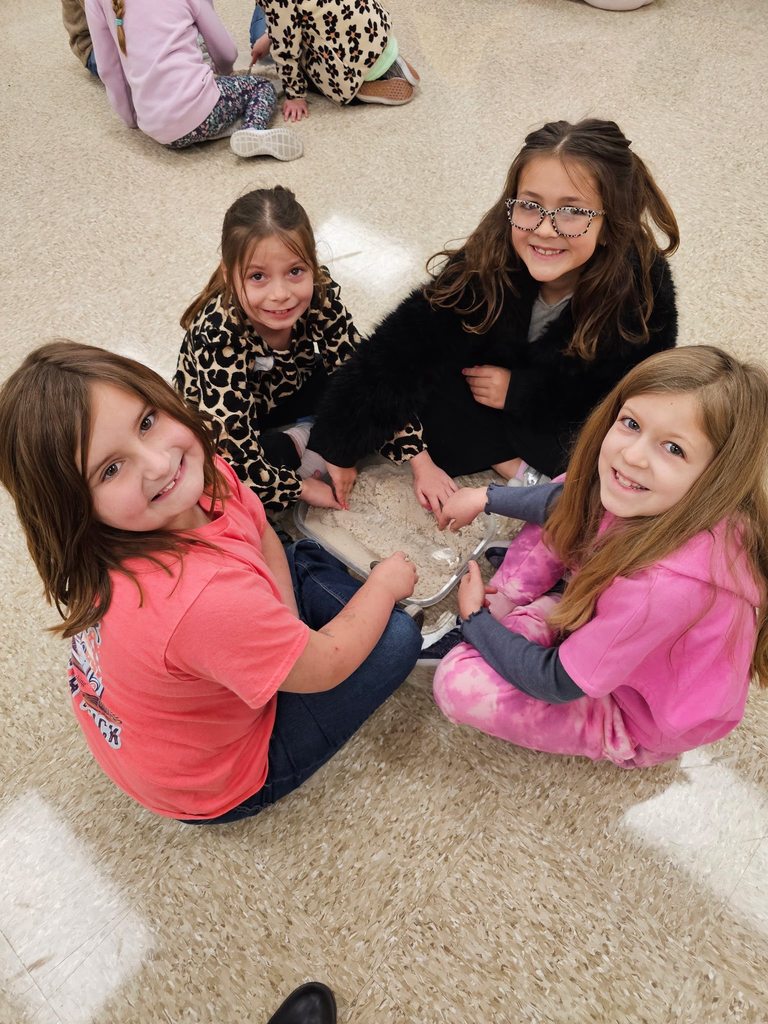 Four second grade students sit on the floor around a shallow container of sand and wooden sticks, working together to build a small dam.