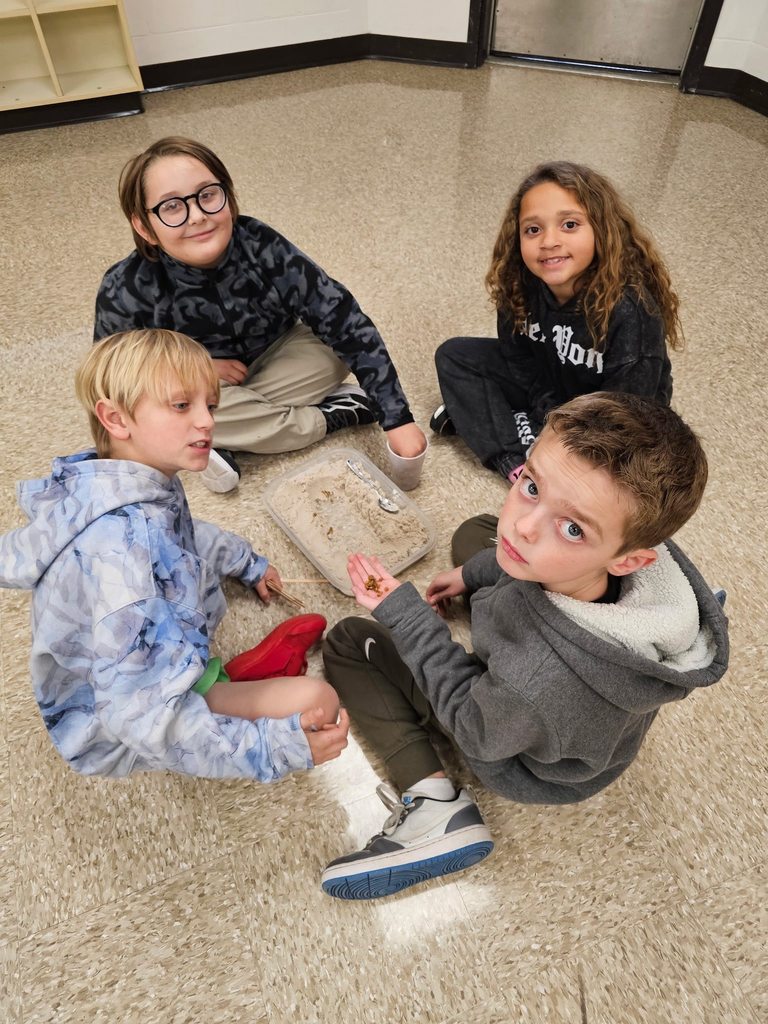 Four second grade students sit on the floor around a shallow container of sand and wooden sticks, working together to build a small dam.