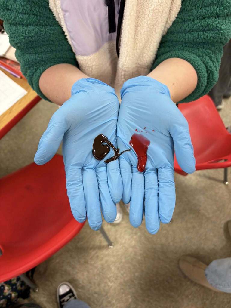 Close-up view of blue medical gloves with chocolate and strawberry syrup representing contamination during a CNA training exercise.
