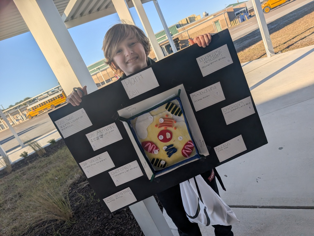 Student smiles as they show off their plant cell poster. 